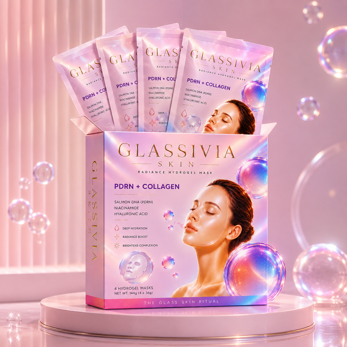 Glassivia Radiance Hydrogel Mask box with four mask pouches